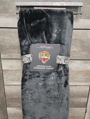 Ed Hardy Tiger Oversized Black Embossed Throw Blanket New